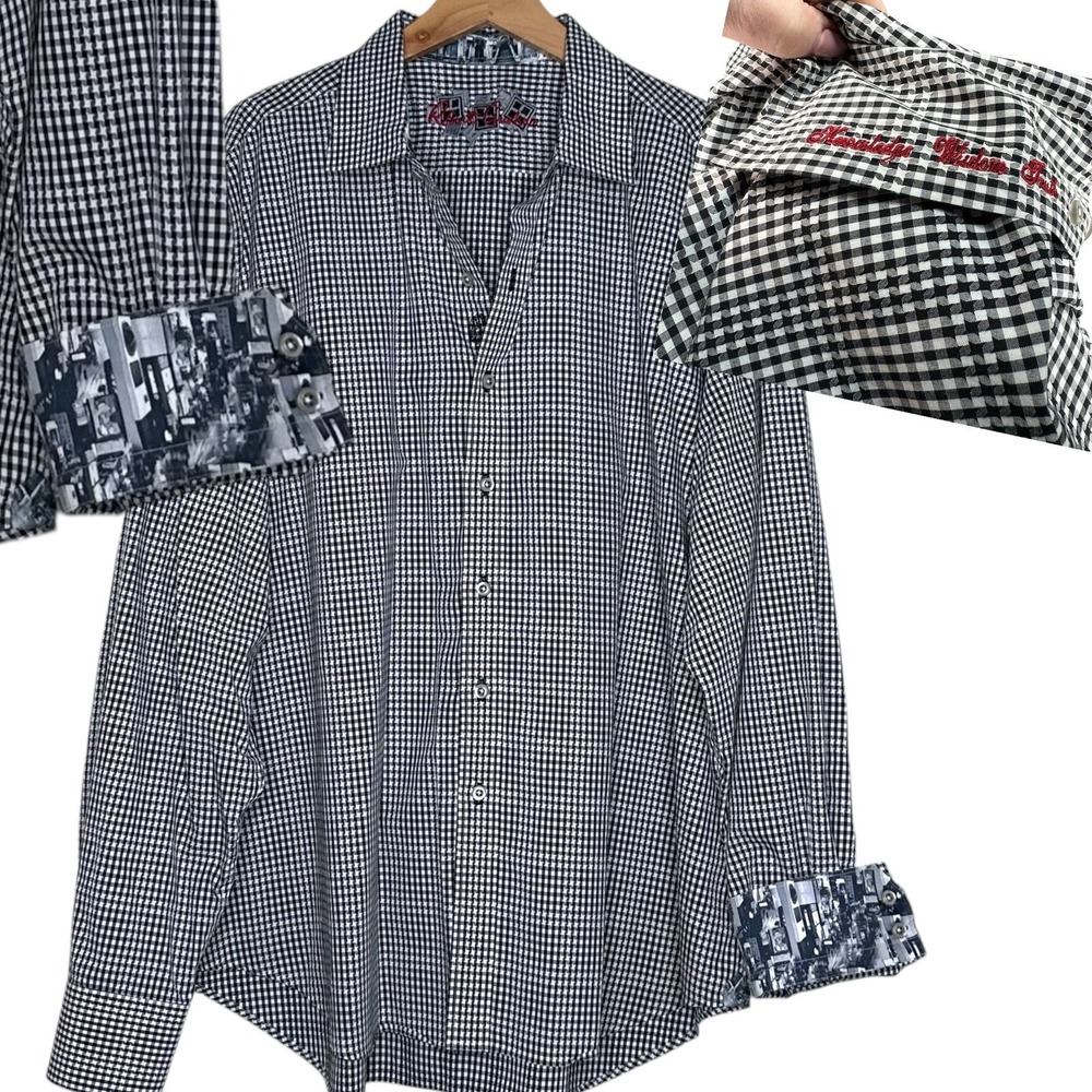 Robert Graham Button Up Shirt 3XL Black White‎ Check Flip Cuff Classic Fit Mens